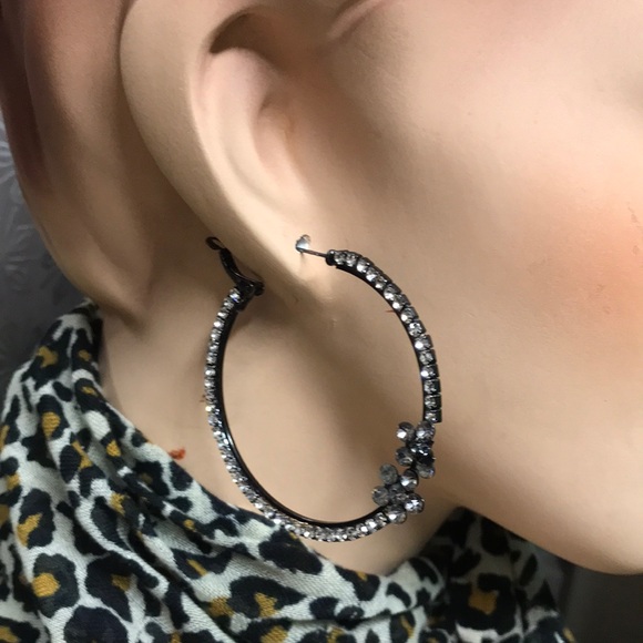 New 2 inch Rhinestone hoop earrings sparkle stones on gun metal color hoop - Picture 2 of 8